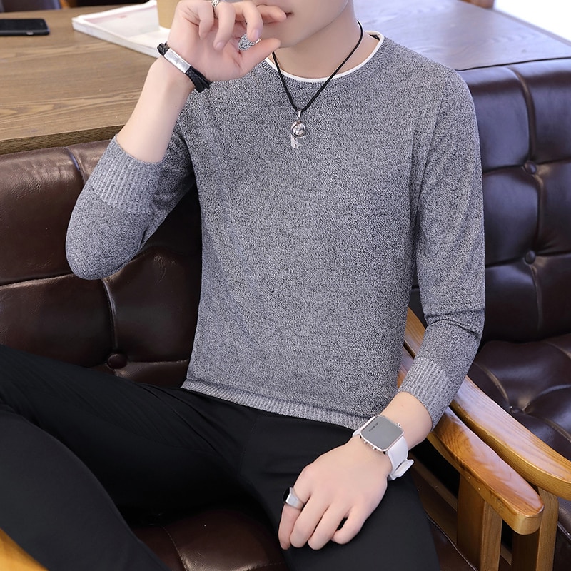 2022 Men&s Spring and Autumn Thin Stretch Round Neck Pullover Solid Color Fake Two-piece Fashion British Style Sweat